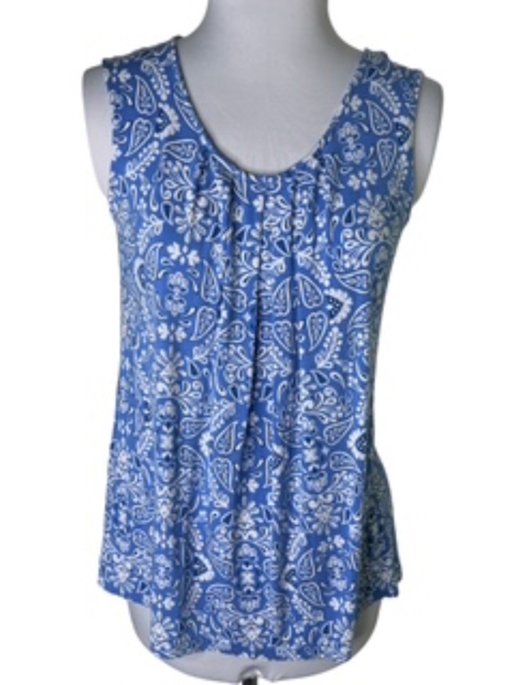 Croft & Barrow Blue Paisley Floral Print Scoop Neck Vertical Gathers Top Size M - Picture 2 of 7